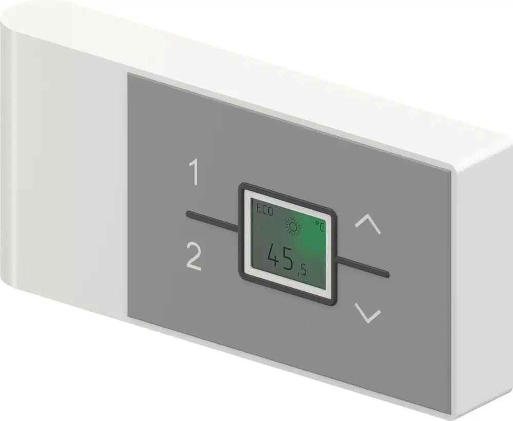 Fernbedienung von Uponor mit digitalem Display. Temperaturanzeige und Einstelltasten für die Steuerung. Gestaltung in Weiß und Grau.